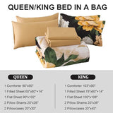 Dobuyly King Size Comforter Set 7 Piece Bed in a Bag, Yellow Brown Floral Printed on Black Comforter Set with Sheets, Soft Microfiber Botanical Boho Complete Bedding Set for All Season Dobuyly