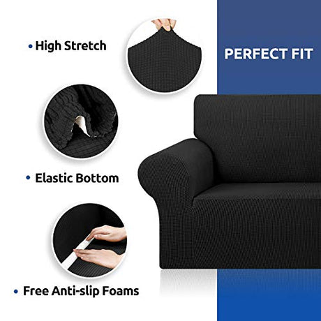 KEKUOU Stretch Sofa Cover Slipcover ，Couch Covers for 3 Cushion Couch Sofa pet Friendly (78"-94") Furniture Protector Sofa with Elastic Bottom for Kids,Dog, Jacquard Small Checked(Large,Black) KEKUOU