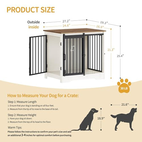 Hzuaneri 27.2" Dog Crate Furniture with Barn Door, Heavy Duty Dog Kennel Indoor with 2 Doors, Wooden Pet Cage End Table for Small Medium Dogs up to 22 lb, Anti-Chew Anti-Escape, White Brown DFC84314B Hzuaneri