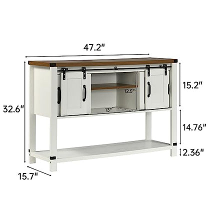 4ever2buy Farmhouse Coffee Bar Cabinet with Storage, 47'' Coffee Bar Table with Sliding Barn and Metal Mesh Doors, White Coffee Table with Bottom Open Shelf for Living Room