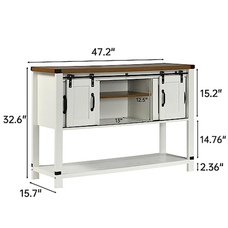 Farmhouse Coffee Bar Cabinet with Sliding Barn Doors and Storage - 47'' White Coffee Table with Open Shelf for Living Room 4ever2buy