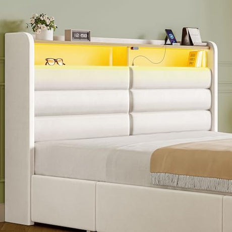 Seventable Full Size Bed Frame with 4 Storage Drawers & Charging Station, Upholstered Platform Bed with Storage Headboard and LED Light, No Box Spring Needed, Noise Free, Easy Assembly, Cream White Seventable