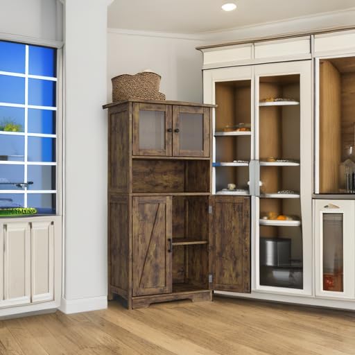 IDEALHOUSE Bathroom Storage Cabinet, Freestanding Floor Linen Storage Cabinet with Doors and Shelves, Wooden Kitchen Pantry Storage Cabinet, Cupboard, Storage Cabinet for Living Room,Rustic Brown IDEALHOUSE