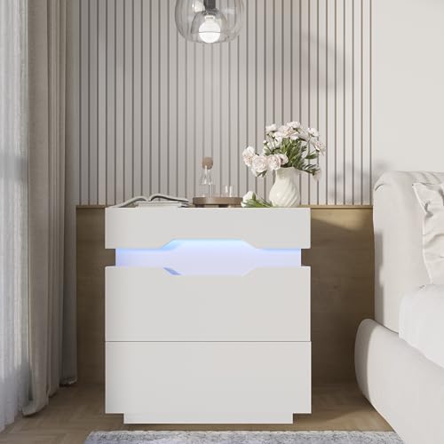 YESHOMY Nightstand with LED Light and Charging Station, Endtable with 2 Drawers, Bedside Table with Large Capacity, for Bedroom, Set of 2, 21.2" Height, White YESHOMY