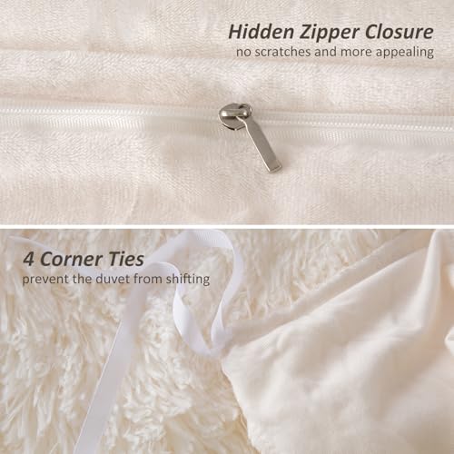EMME Plush Shaggy White Duvet Cover Set Queen Size 3 Pieces Luxury Fuzzy Comforter Cover Set, Soft Faux Fur Fluffy Winter Bedding Set (White, Queen) EMME