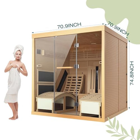 BNEHS Infrared Sauna,2 Person Luxurious Indoor Sauna with Recliner, Wooden Sauna with 7-Color Starry Ceiling,9 Heating Tubes,5 Carbon Panels,2-in-1 Door Handle,Himalayan Salt Brick,220V BNEHS