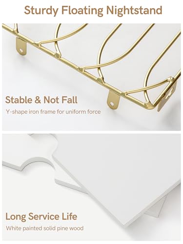 Sivapleso Floating Nightstand with Cable Hole, Modern Minimalism Small Wall Mounted White&Gold Bedside Table Pine Wood Hanging Night Stands Storage 2 Tier Shelf for Bedroom Bathroom Kitchen Sivapleso