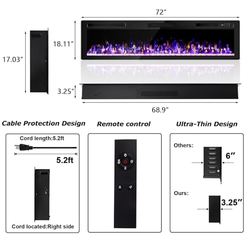 OFIKA Electric Fireplace Inserts Ultra-Thin Freestanding 750/1500W Electric Fireplace Heater Wall Mounted or Recessed Fireplace Electric with Adjustable Multicolor Flame,Timer (72 inch) OFIKA