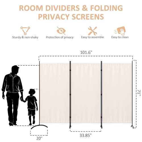 Kecreque 3 Panel Room Divider 6 Ft Folding Screen Room Dividers with 4 Curved Metal Feet Partition Wall Divider,Privacy Screens Portable Wall for Office,Bedrooms,Dining,Dorm,White Kecreque
