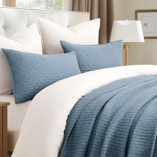 EVERGRACE x Kinsey Walsh Cross Stitch Pre-Washed Cotton Quilt Bedding Set Queen Size, Oversized 3 Pieces Lightweight Bedspread Coverlet for All Season, with 2 Matching Shams, Dusty Blue, 92"x96" EVERGRACEHOME