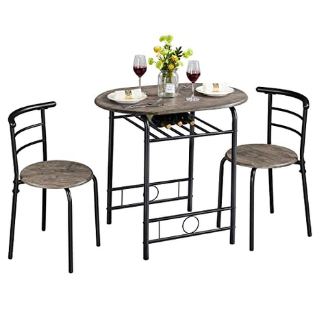 Yaheetech 3 Piece Dining Table Set, Kitchen Table & Chair Sets for 2, Compact Bistro Table Set with Steel Legs, Built-in Wine Rack for Small Space, Apartment, Breakfast Nook, Drift Brown Yaheetech
