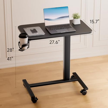 COMHOMA Adjustable Overbed Bedside Table with Lockable Wheels, Pneumatic Mobile Standing Laptop Desk, Small Standing Desk Portable Rolling Overbed Table Hospital Home Use(28" W x 16" D, Black) COMHOMA