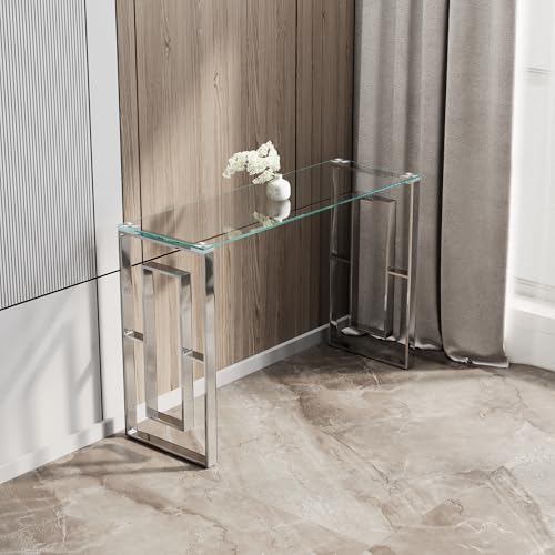 HomVent Silver Glass Console Table Narrow Sofa Table with Tempered Glass Top and Stainless Steel Legs for Entryway, Living Room (Silver) HomVent