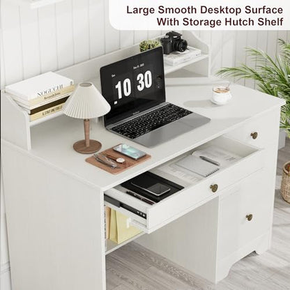 TTVIEW Computer Desk with Drawers and Hutch Shelf, Wood Executive Desk Writing Study Table with 43” Wide Tabletop, Small Desk with File Drawer for Home Office Bedroom, White Oak - WoodArtSupply