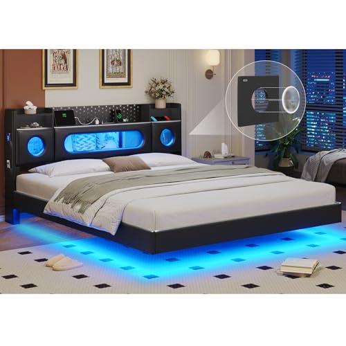 California King Bed Frames,Cal King Bed Frame with Hidden Storage Headboard & LED Light and Charging Station,Floating Bed Frame No Box Spring Needed,Leather Floating Bed Noise-Free,Easy Assembly BYSAUD