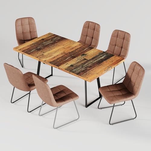 ZckyCine Extendable Dining Table Set 47"-63", Rustic Wood Table with 6 PU Leather Chairs, Modern Scandinavian Dining Room Furniture for Kitchen Apartment ZckyCine