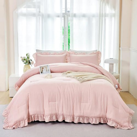 ANGIYUIN Blush Pink Comforter Sets Twin Size 5 Pieces Ruffle Bed in A Bag Farmhouse Bedding Sets Solid Color Soft Fluffy Bed Sets for Kids Girls（Blush Pink Twin） ANGIYUIN