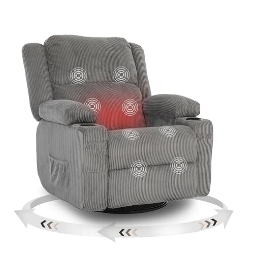 IKAKOS 360 Degree Swivel Rocker Recliner Chair with Heat and Massage, Soft Corduroy Manual Reclining Nursery Glider with USB Port, 2 Cup Holders & 4 Storage Pockets, 400lbs Capacity (Grey)