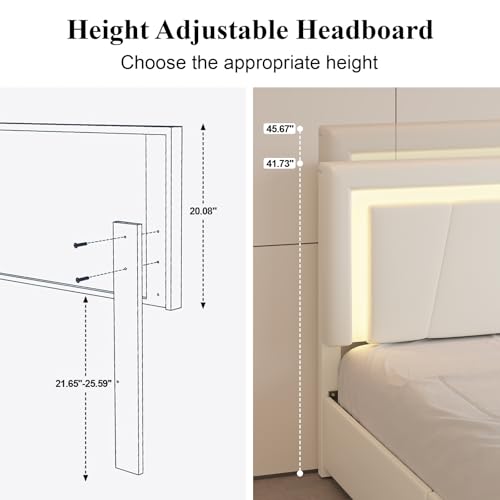 Full Size Bed Frame with 4 Storage Drawers and LED Lights, Upholstered Platform Bed with Adjustable Headboard and Charging Station, Metal Slats Support, No Box Spring Needed,Easy Assembly, White E-Motie