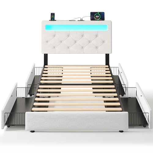 Rolanstar Twin Bed Frame with 4 Storage Drawers and Charging Station,Twin Bed with Led Lights, 2 USB & 1 Type C, Adjustable Headboard 38.9/40.8 Inches, No Box Spring Needed, White Rolanstar