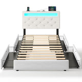 Rolanstar Twin Bed Frame with 4 Storage Drawers and Charging Station,Twin Bed with Led Lights, 2 USB & 1 Type C, Adjustable Headboard 38.9/40.8 Inches, No Box Spring Needed, White Rolanstar