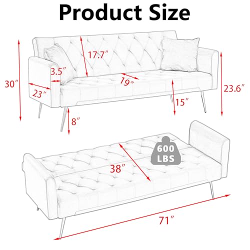 Majnesvon 71" Convertible Folding Sleeper Sofa Couch,Modern Velvet Loveseat Sleeper with 2 Pillows, Futon Sofa Bed with Mattress and Frame for Living Room,Bedroom,Small Space (Blue) Majnesvon