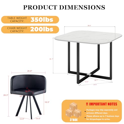 ModaWhly 39" Square Dining Table Set for 4, Space-Saving Negotiating Table Set with 4 Upholstered Chairs, 5 Piece Set Marble Tabletop & Black Chair ModaWhly