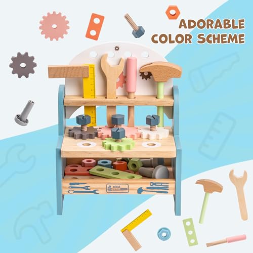 ROBUD Mini Wooden Play Tool Workbench Set for Kids Toddlers - Construction Toys Gift for 18 Months 2 3 4 5 Years Old Boys Girls ROBUD
