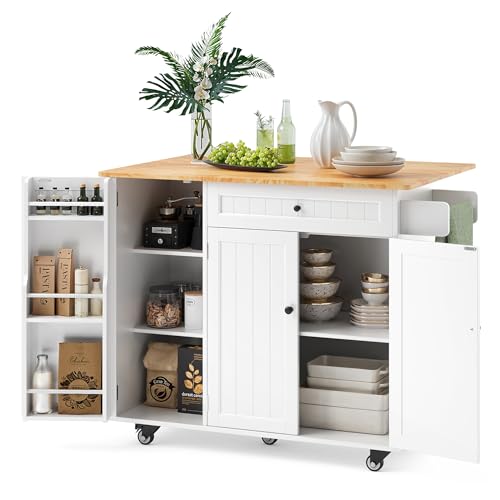 Ahomly Kitchen Island with Storage, Island Table for Kitchen with Drop Leaf, 5 Wheels, Interal Storage Rack, a Drawer, Spicy Rack and Towel Bar, Sufficient Countertop Space and Storage, White