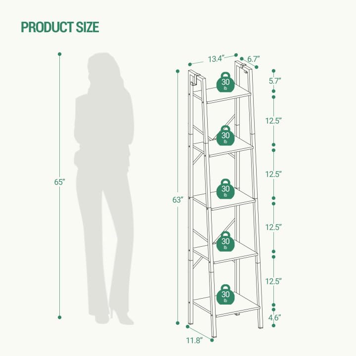 Hzuaneri Ladder Shelf, Bookshelf Bookcase, Freestanding Corner Storage Shelve with 2 Hooks for Home Office, Living Room, Kitchen, Bedroom, Industrial, 5-Tier White BC03213W Hzuaneri