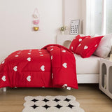 Caressma Love Comforter Set King Size - Cute White Heart Print Red Bedding Comforter 3 Pieces Matching Pillowshams Caressma