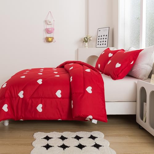 Caressma Love Comforter Set Twin Size - Cute White Heart Print Red Bedding Comforter with Matching Pillowshams Caressma