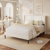 Queen Size Bed Frame with Vertical Chanel Tufted Headboard and Wingback, Upholstered Platform Bed, Strong Wooden Slats, Easy Assembly, Noise Free, No Box Spring Needed, Beige Velvet HAOARA