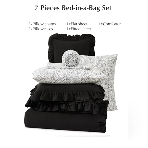 BLOOMHAVEN Full Comforter Set - 7 Pieces Ruffle Black Bedding Sets, Shabby Chic Farmhouse Bed in a Bag Full with Ruffle Comforter, Floral Sheets, Pillowcases & Shams BLOOMHAVEN