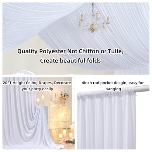 20ftx20ft White Backdrop Ceiling Drapes,4Panels 20ft Height Wrinkle Free Tent Draping Curtains, Fabric Drapery Ceiling Drapes for Wedding Ceremony Birthday Theme Parties with Rod Pocket Outpain