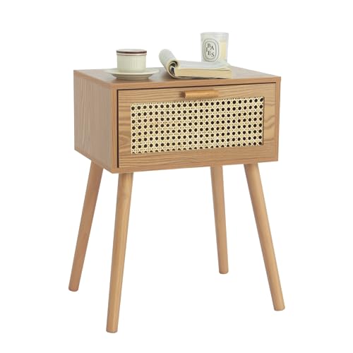 AWASEN Mid Century Nightstand, Rattan Side Table with Drawer, Modern Bedside Table with Storage and Solid Wood Legs for Living Room, Bedroom and Small Space (Brown) AWASEN