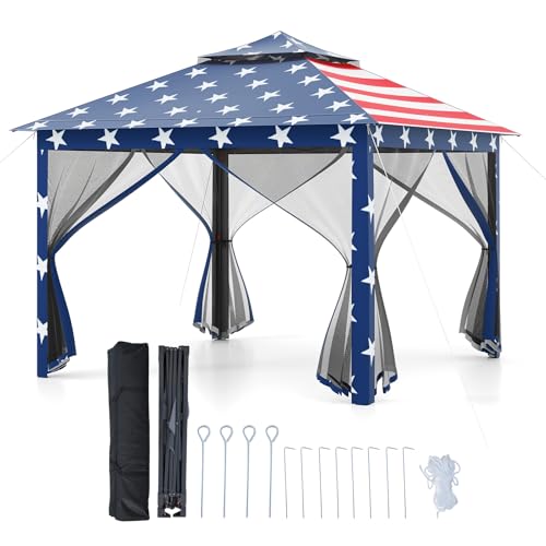 Goplus11 ft × 11 ft Pop up Gazebo, Portable Screen Canopy Shelter w/Mesh Netting Sidewalls, Vented Top, Drainage Holes, Heavy-Duty Height Adjustable Easy Setup Party Tent for Backyard Goplus