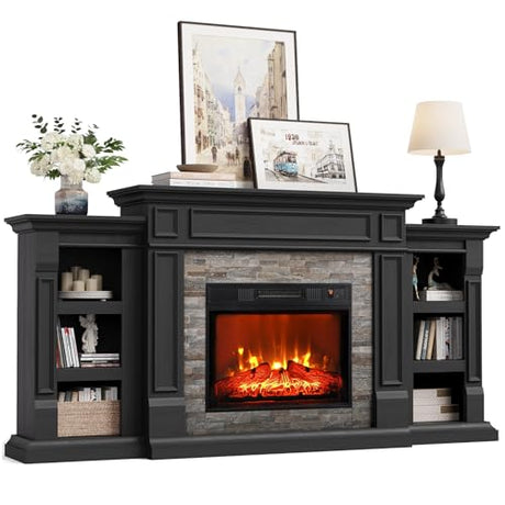 Naice 72" Electric Fireplace with Mantel and Cabinets, Fireplace TV Stand for Living Room Bedroom, Stacked Stone Surround and Remote Control 3D Realistic Flame, Black Naice