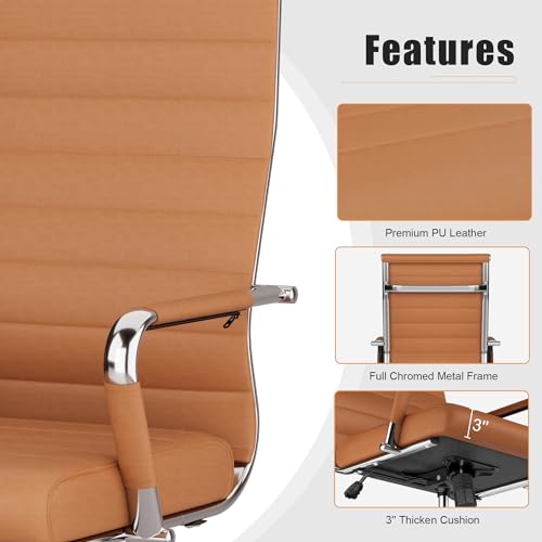 Okeysen Office Desk Chair, Ergonomic Leather Modern Conference Room Chairs, Executive Ribbed Height Adjustable Swivel Rolling Chair for Home Office. (Brown) Lepdep
