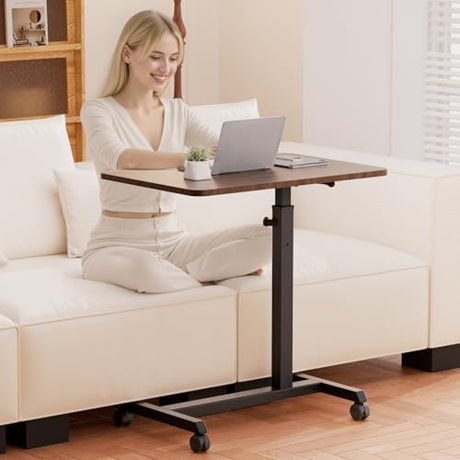 GTPLAYER Small Standing Desk, 24 Inches Mobile Foldable Rolling Laptop PC Table with Lockable Casters, Adjustable Height Overbed Bedside Table Computer Workstation for Home Office, Walnut GTPLAYER