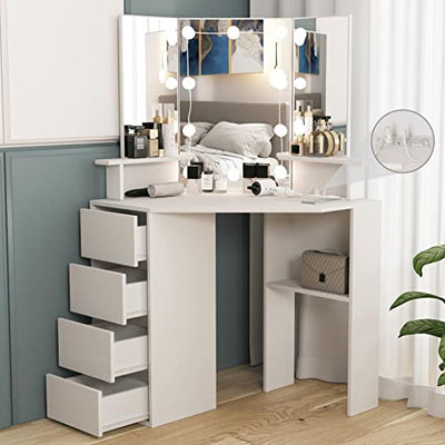 Vabches Corner Vanity Desk with Lighted Mirror & Power Strip,White Makeup Vanity Table with Lights,42 inch Corner Vanity Mirror with Lights and 4 Drawer, 3 Lighting Modes, Brightness Adjustable