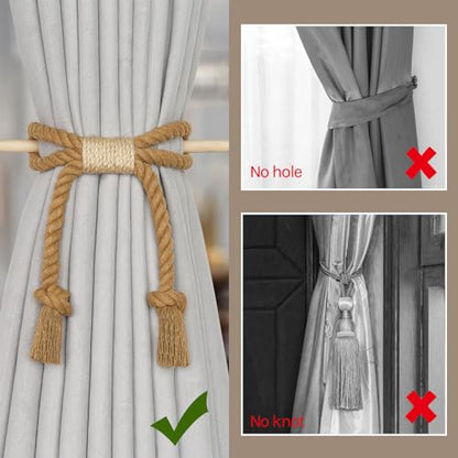 NICEEC 2 Pack Natural Cotton Rope Curtain Tiebacks Boho Rustic Style Decorative Drape Tie Backs Farmhouse Hand-Woven Rope Curtain Holdbacks with Wood Club for Home & Office Drapery (Cotton knot-Khaki)