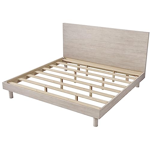 Merax Stone Gray Modern Rustic Solid Wood Platform Bed with High Headboard - WoodArtSupply