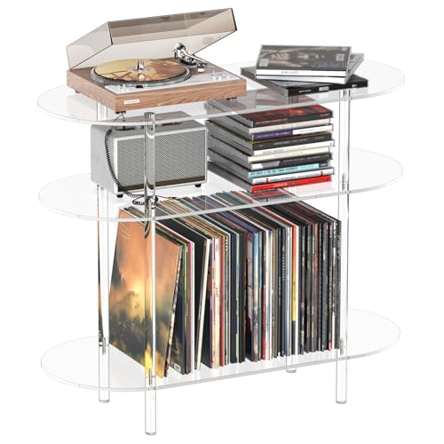 HMYHUM Acrylic Record Player Stand with Vinyl Storage, 35.4" L x 15.7" W x 30.1" H, Large Turntable Stand Table Holds Up to 200 Albums, 3-Tier Clear Vinyl Record Holder for Living Room, Bedroom HMYHUM