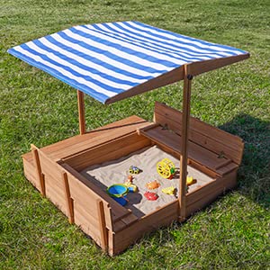 Kids Wooden Outdoor Sandbox with Cover，Sand Boxes with Canopy and Foldable Storage Bench Seats, Sand Table with Protection Bottom Liner,Kids Play Equipment for Outdoor(47X47Inch Agitree