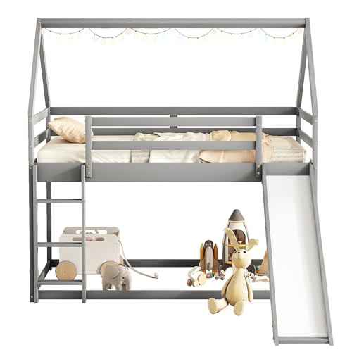 MERITLINE Twin Over Twin House Bunk Beds with Slide, Low Floor Bunk Bed for Kids, Girls, Boys,Grey MERITLINE