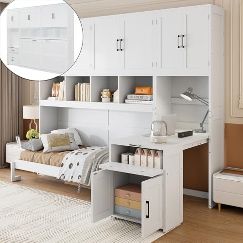 Merax 90.4"H Twin Size Murphy Bed Cabinet With Built-in Desk, Storage Closet, Drawers & Shelves, Wood Foldable Hidden Wall Platform Bedframe For Home, Bedroom, Small Room, Apartment, Reversible, White Merax