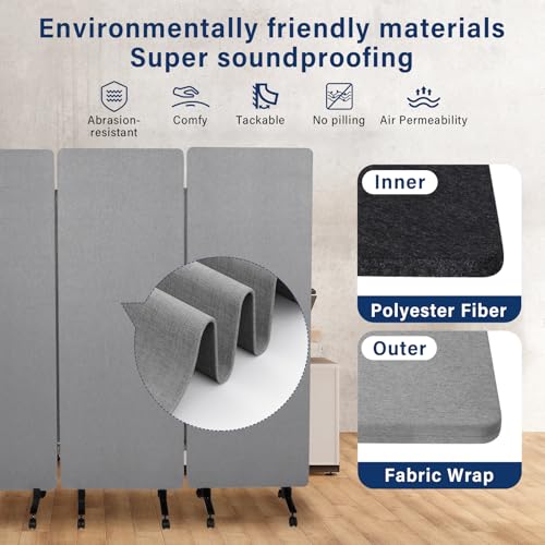 72" X 66" partition Room dividers, 3 Panel Sound Proof Dividers for Office Partitions, Room Divider Privacy Panel with Wheels, Portable Temporary Wall for Office, Studio, School, Hospital(Light Gray) Generic