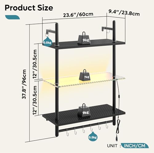 Bestier Gaming Floating Shelves, 24 inch LED Wall Mounted Shelves with Towel Bar, Coffee Bar Shelves with Glass Shelf & 8 Hooks, 3 Tier Hanging Display Rack for Wall Decor, Black Carbon Fiber