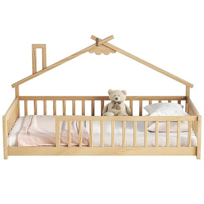 Bellemave Twin Size Montessori Floor Bed with House Roof and Safety Rails - Natural Wood Frame for Kids - WoodArtSupply